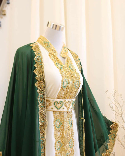 Green & White Kaftan Handcrafted Georgette Work Party Wear Dresses