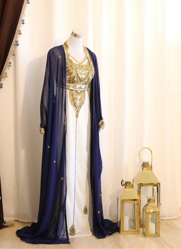 Navy-Blue & White Kaftan Handcrafted Georgette Work Party Wear Fully Stitched Dresses