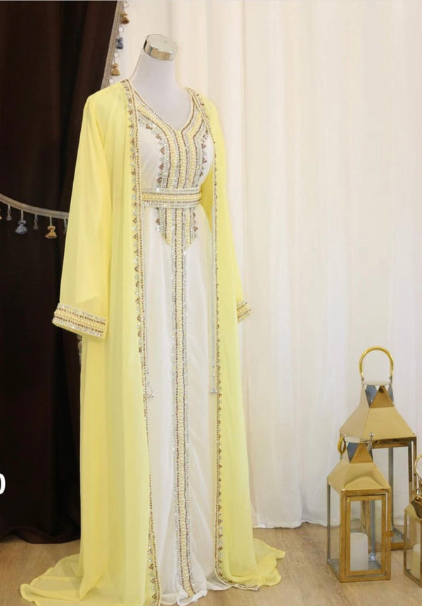 Yellow & White Handcrafted Party Wear Kaftan Dress for Women