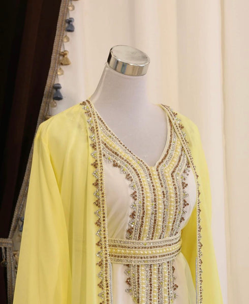 Yellow & White Handcrafted Party Wear Kaftan Dress for Women