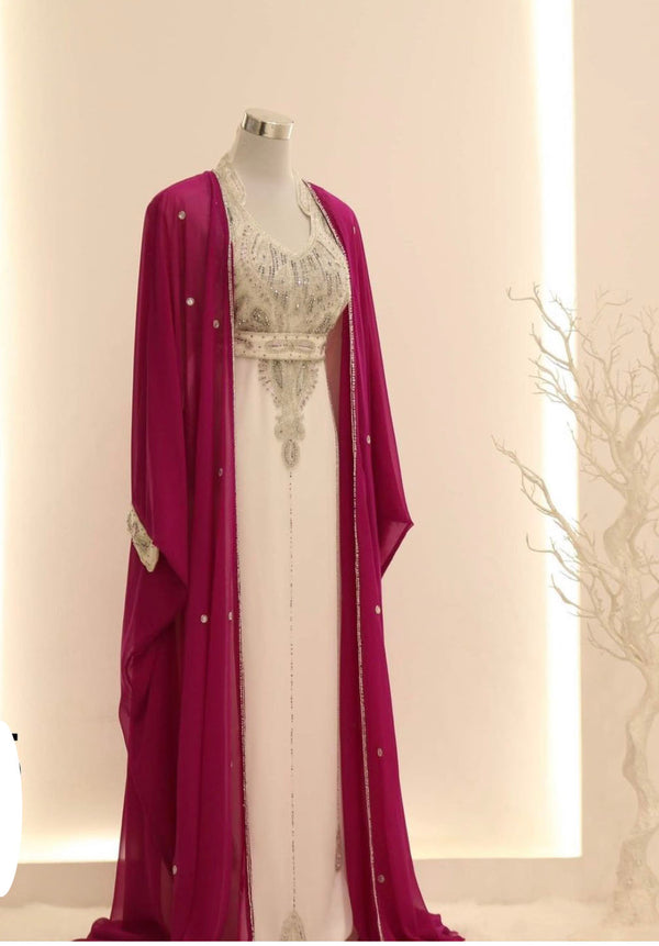 White and Magenta Kaftan Style Abaya Dress