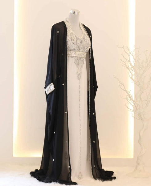 Black & White Georgette Zari Embroidered Kaftan Dress