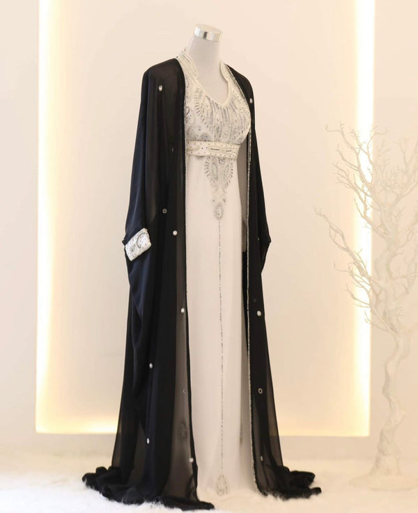 Black & White Georgette Zari Embroidered Kaftan Dress