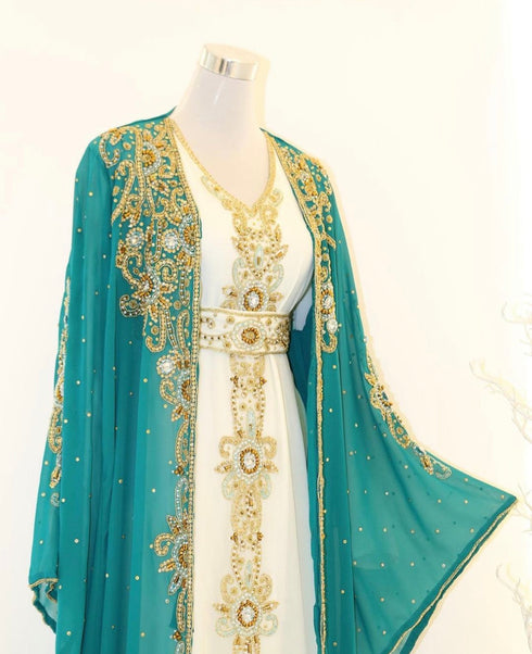 Opulent Turquoise and White Layered Kaftan Dress