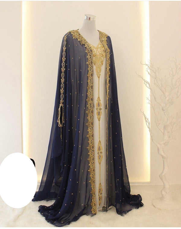 Opulent Blue and White Layered Kaftan with Gold Zari Embellishment | Full-Length Flowing Design