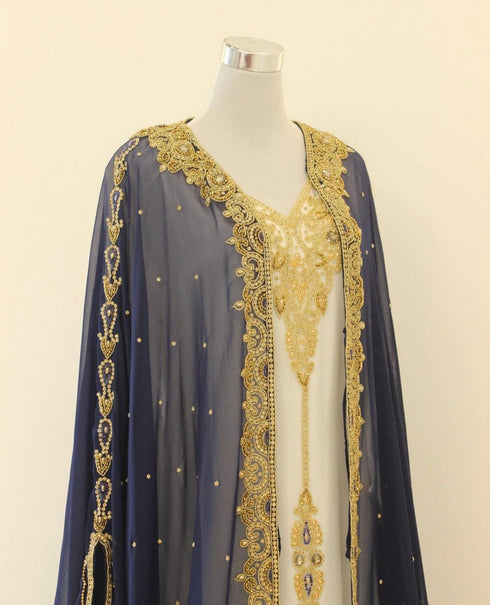 Opulent Blue and White Layered Kaftan with Gold Zari Embellishment | Full-Length Flowing Design