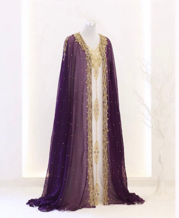 Grand Purple & White Layered Kaftan with Golden Zari Work | Luxury Party & Event Wear