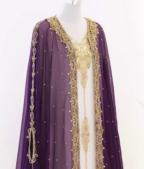 Grand Purple & White Layered Kaftan with Golden Zari Work | Luxury Party & Event Wear