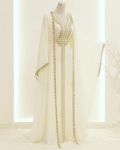 Elegant White Georgette Kaftan Gown with Gold Zari Work