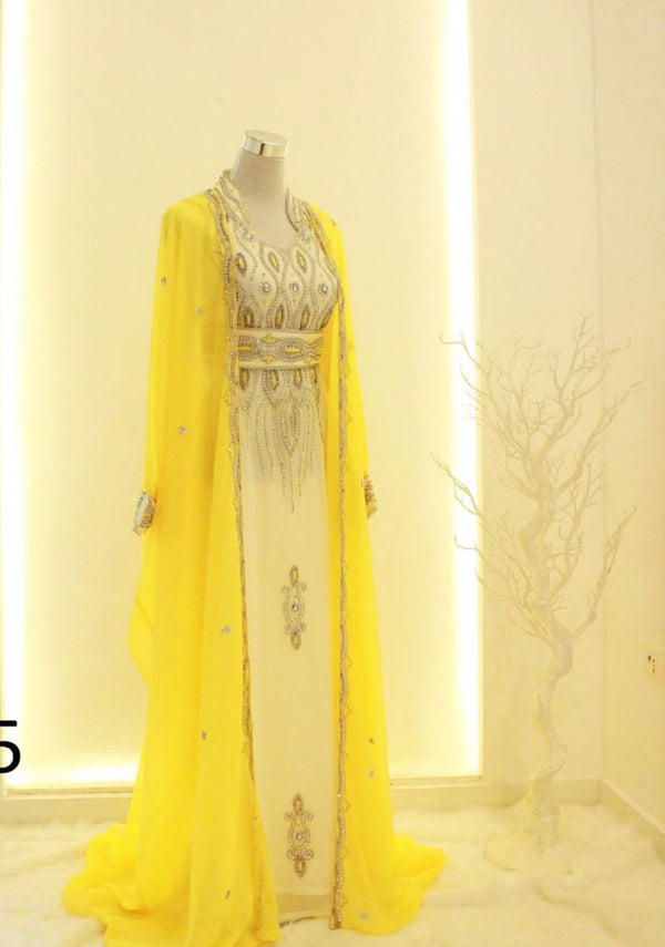 Yellow & White Handcrafted Zari work Stitched Dress Georgette Kaftan Party Wear Wedding Dresses