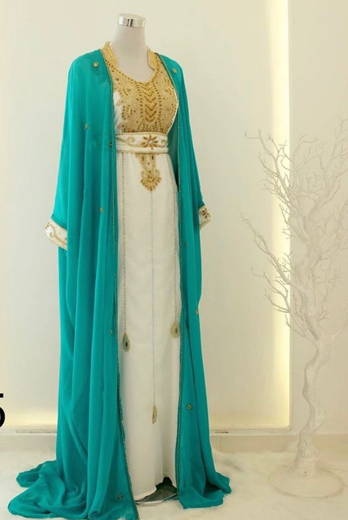 Turquoise and White Partywear Kaftan Dress