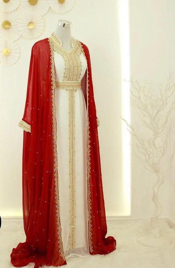 Red Georgette Embroidered Islamic Party Wear Kaftan