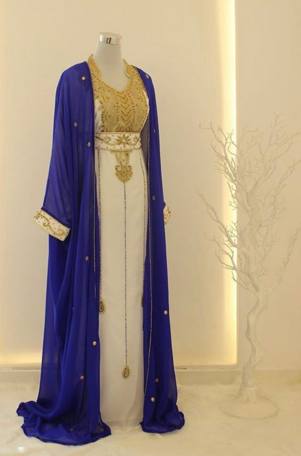 Royal-Blue & White Kaftan Handcrafted Georgette Work Party Wear Fully Stitched Dresses