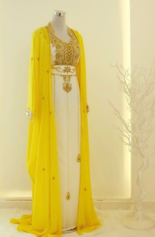 Elegant White and Yellow Gold Thread Embroidered Kaftan Dress