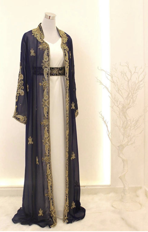 Navy Blue Georgette Zari Work Kaftan with Jacket & Belt