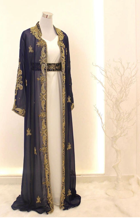 Navy Blue Georgette Zari Work Kaftan with Jacket & Belt