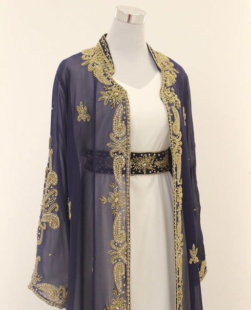 Navy Blue Georgette Zari Work Kaftan with Jacket & Belt