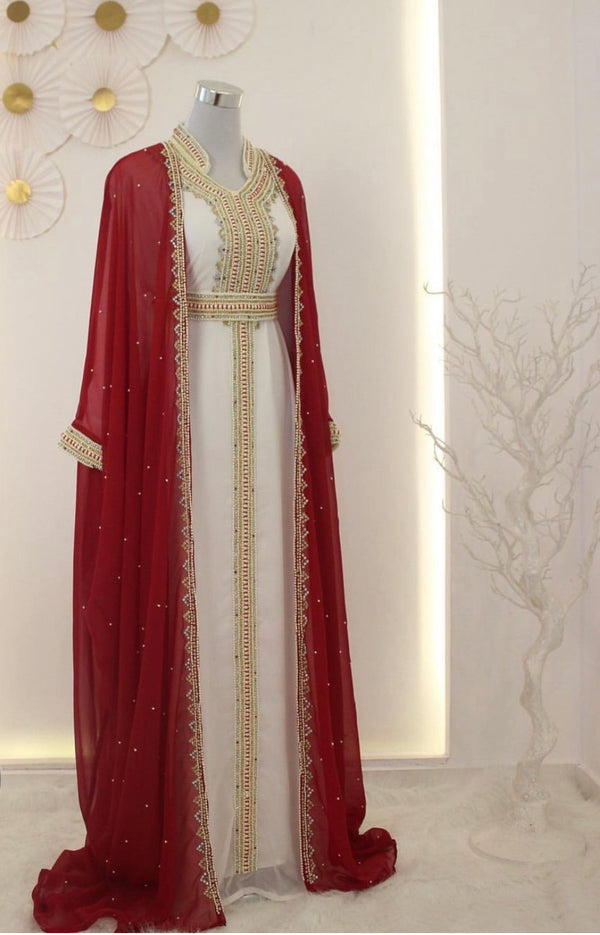 Grand Red & White Layered Kaftan with Golden Zari Work | Reception & Event Wear