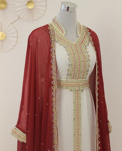Grand Red & White Layered Kaftan with Golden Zari Work | Reception & Event Wear