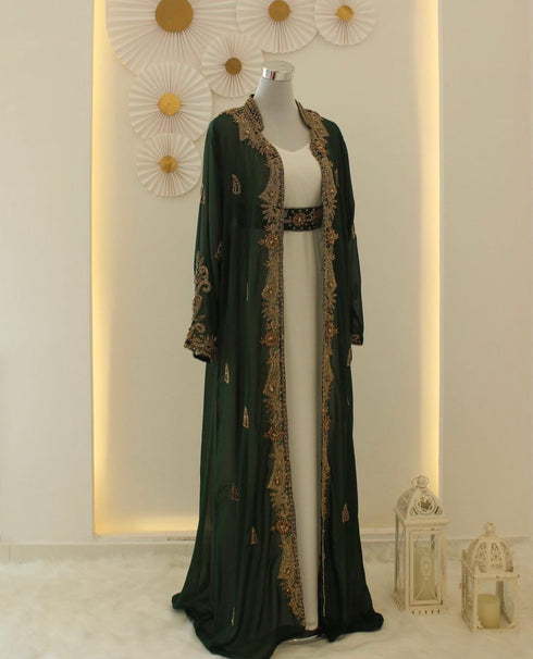 Green & White Kaftan Handcrafted Georgette Elegance Work Party Wear Fully Stitched Dresses