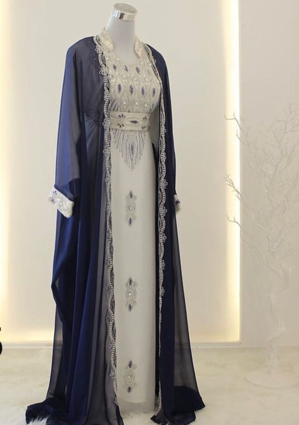 Grand Off-White Kaftan with Navy Blue Jacket & Silver Beadwork | Event Dress