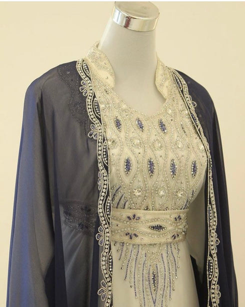 Grand Off-White Kaftan with Navy Blue Jacket & Silver Beadwork | Event Dress