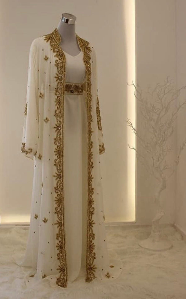 Grand White Georgette Kaftan Dress with Zari Work | Luxury Party & Wedding Wear