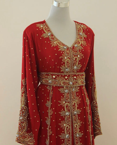 Luxurious Red Kaftan Gown with Gold Zari Work | Wedding & Formal Event Dress