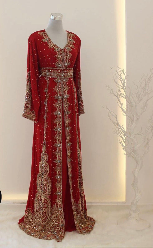 Luxurious Red Kaftan Gown with Gold Zari Work | Wedding & Formal Event Dress