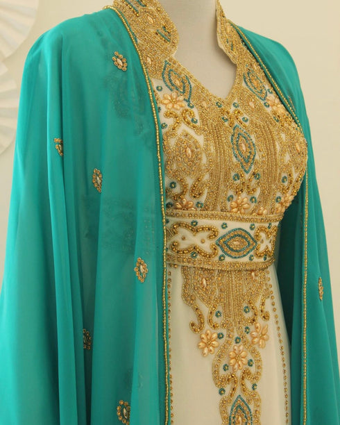Teal and Ivory Moroccan Kaftan Dress with Embroidery