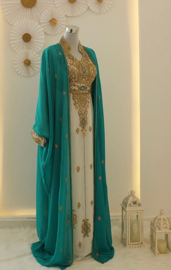 Sea Green & White Kaftan Handcrafted Georgette Elegance Work Party Wear Fully Stitched Dresses