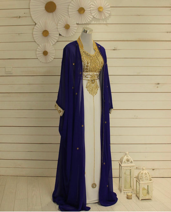 Royal-Blue & White Kaftan Handcrafted Georgette Elegance Work Party Wear Fully Stitched Dresses