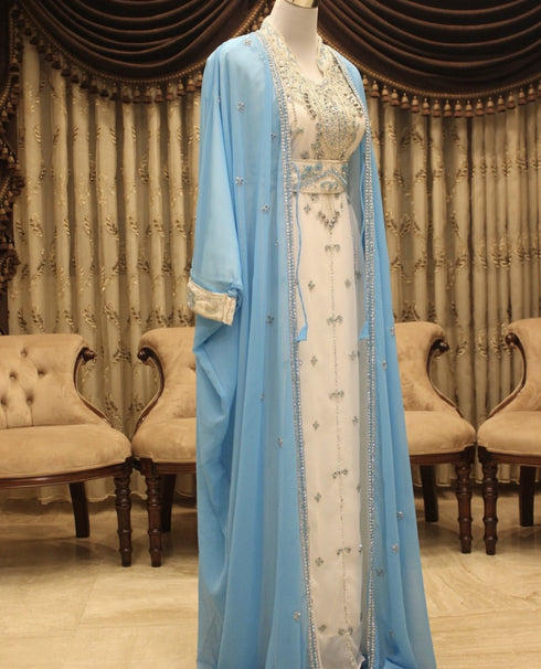 Grand Sky-Blue Kaftan Dress with Silver Stone Work | Party & Wedding Wear