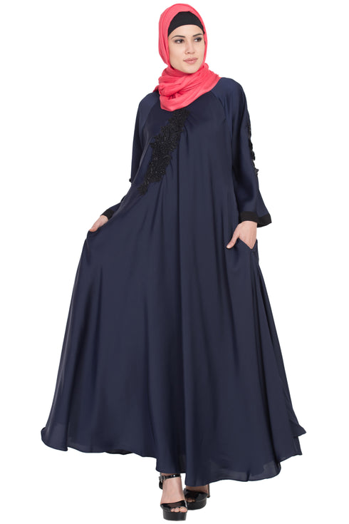 Nida Embroidered Patch Umbrella Navy Abaya