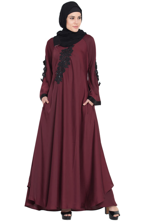 Maroon Embroidered Patch Nida Umbrella Abaya