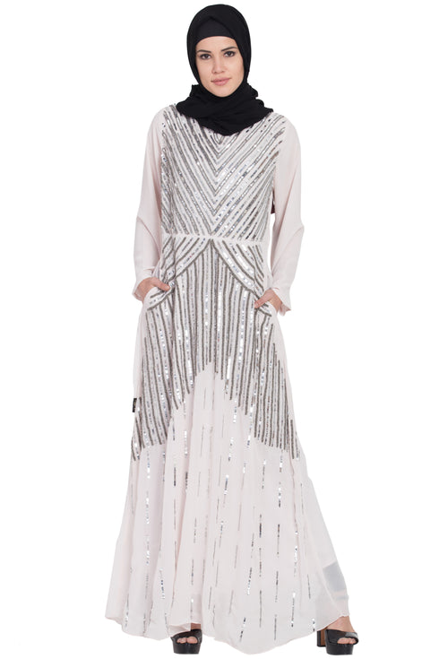 Light Pink Sequins Beads Hand Work Georgette Abaya