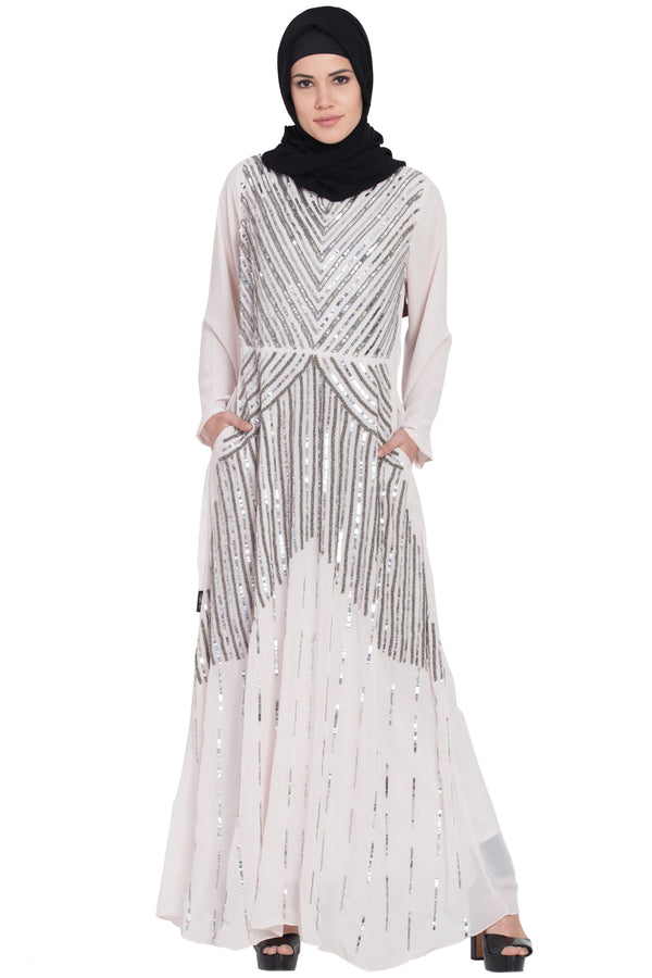 Light Pink Sequins Beads Hand Work Georgette Abaya