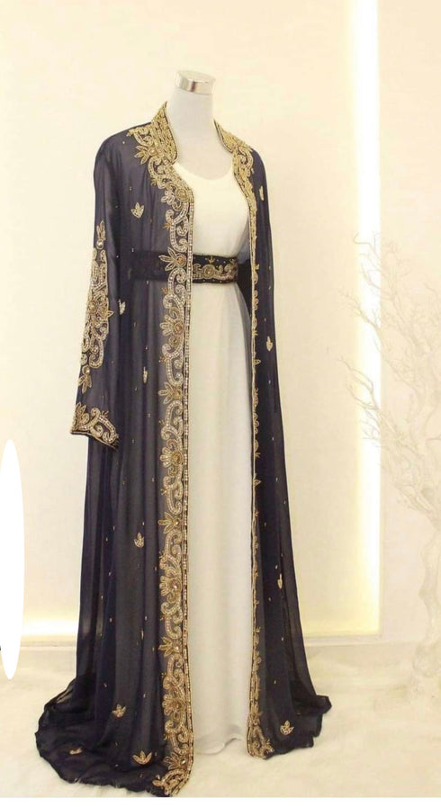 Nany-Blue & White Handcrafted Zari work Stitched Dress Georgette Kaftan Party Wear Wedding Dresses