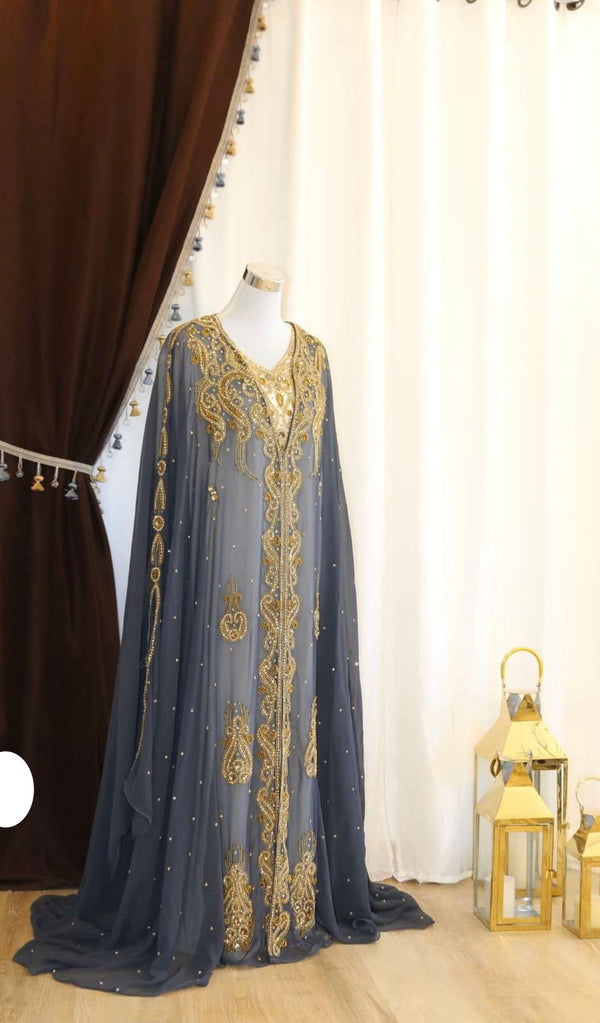 Grand Grey & White Layered Kaftan with Silver Zari Work | Luxury Event Dress