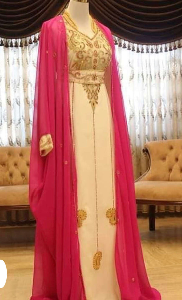 Pink & White Handcrafted Zari work Stitched Dress Georgette Kaftan Party Wear Wedding Dresses