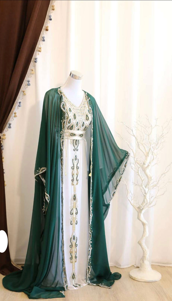 Women's Green and White Georgette Kaftan