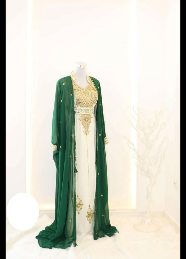 Green & White Handcrafted Zari work Stitched Dress Georgette Kaftan Party Wear Wedding Dresses