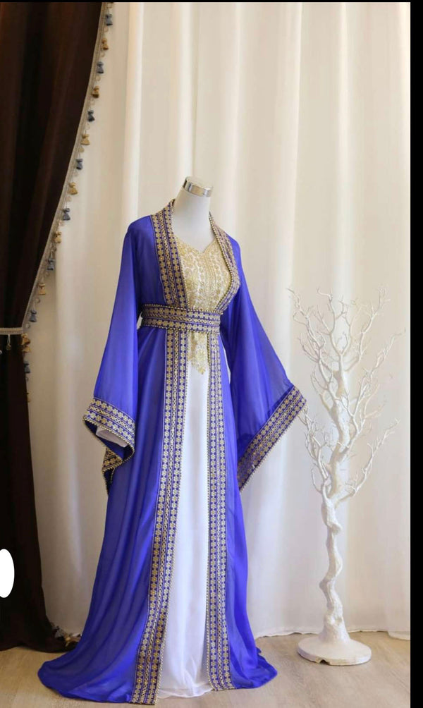 Royal-Blue & White Handcrafted Zari work Stitched Dress Georgette Kaftan Party Wear Wedding Dresses