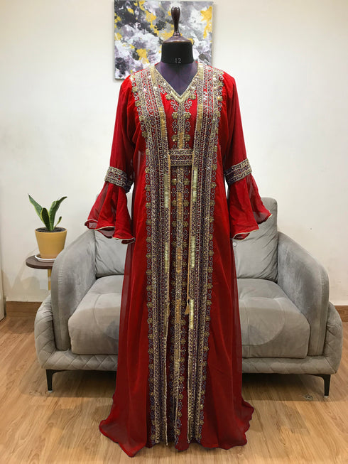 Maroon luxurious Bell Sleeves Moroccan Kaftan with Sun Proof Hijab.