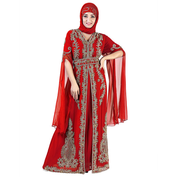 Maroon color luxurious Long Sleeves Handmade Moroccan Kaftan Embroidered zari work hijab