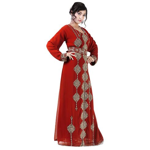Maroon color luxurious full sleeves Handmade Moroccan Kaftan with Sun-proof hiijab.