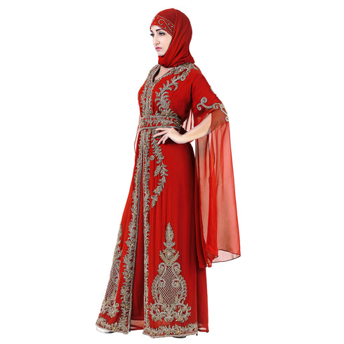 Maroon color luxurious Long Sleeves Handmade Moroccan Kaftan Embroidered zari work hijab