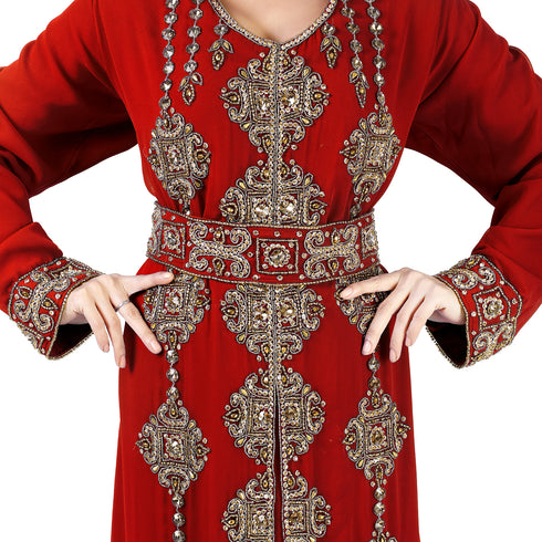 Maroon color luxurious full sleeves Handmade Moroccan Kaftan with Sun-proof hiijab.