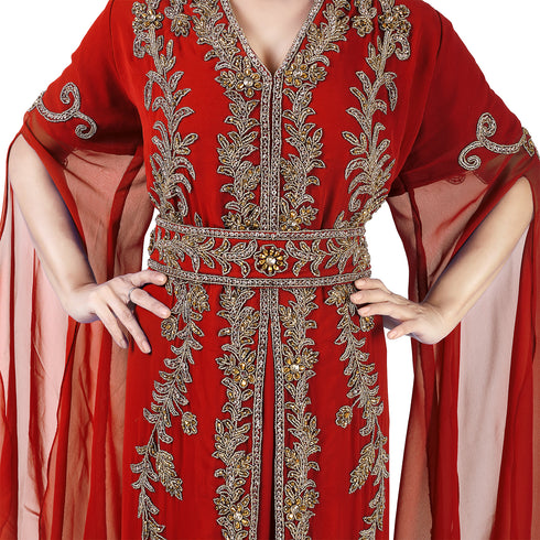 Maroon color luxurious Long Sleeves Handmade Moroccan Kaftan Embroidered zari work hijab