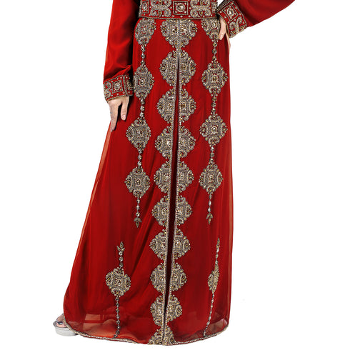Maroon color luxurious full sleeves Handmade Moroccan Kaftan with Sun-proof hiijab.